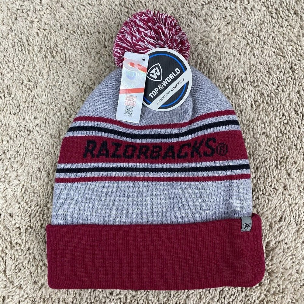 Arkansas Razorbacks Top Of The World Beanie Pom Cuffed Gray Striped Knit Hat NWT